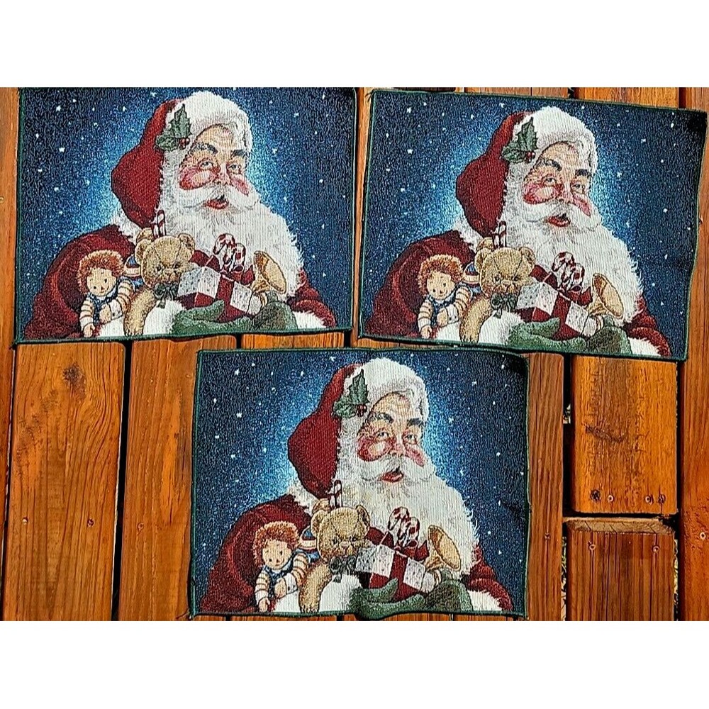 Vtg Set 3 Christmas Tapestry Placemats 17" x 13" Santa Sleigh Reindeer